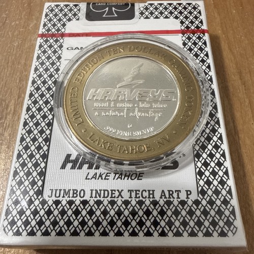 RARE $10 Harveys Lake Tahoe NV .999 Silver Strike Casino Token w/ Official Cards