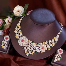 18k Gold Cubic Zirconia Rose Flower Women Banquet Necklace Earrings Jewelry Set