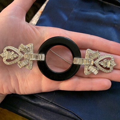 HUGE ART DECO RETRO KENNETH JAY LANE BROOCH BLACK ONYX WHITE  display picture 1