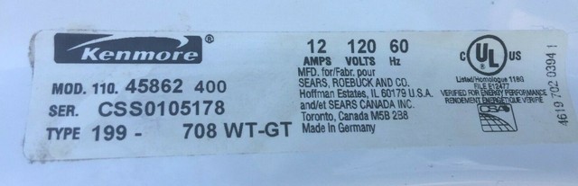 Kenmore Elite HE4 Electric Dryer Model 110.45862400 Power Cord Plate