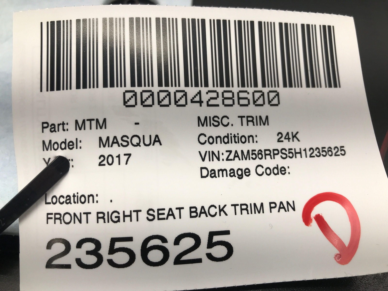 2014-2021 MASERATI QUATTROPORTE FRONT RIGHT SEAT BACK TRIM PANEL BROWN 673001492