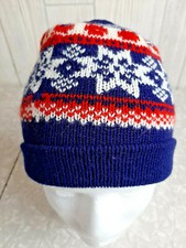 Vintage 80s 90s Kid's Winter Hat Navy Blue Nordic Red Snowflake Beanie Acrylic