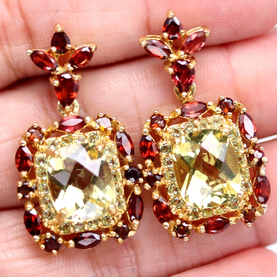 Prata esterlina 925 10 x 12 mm. Brincos de quartzo, granada e peridoto limão - Imagem 2 de 4