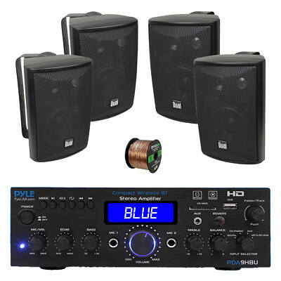 Pyle PDA9HBU 2-Channel Home Audio Bluetooth Receiver, 4x 4'' 200W Speakers, Wire