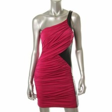 TRIXXI ~ Pink Ruched Jersey One Shoulder Black Trim Sheath Party Dress M NEW