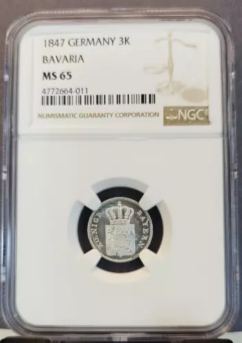 1847 GERMANY SILVER 3 KREUZER 3K BAVARIA LUDWIG I NGC MS 65 GEM BU SCARCE COIN