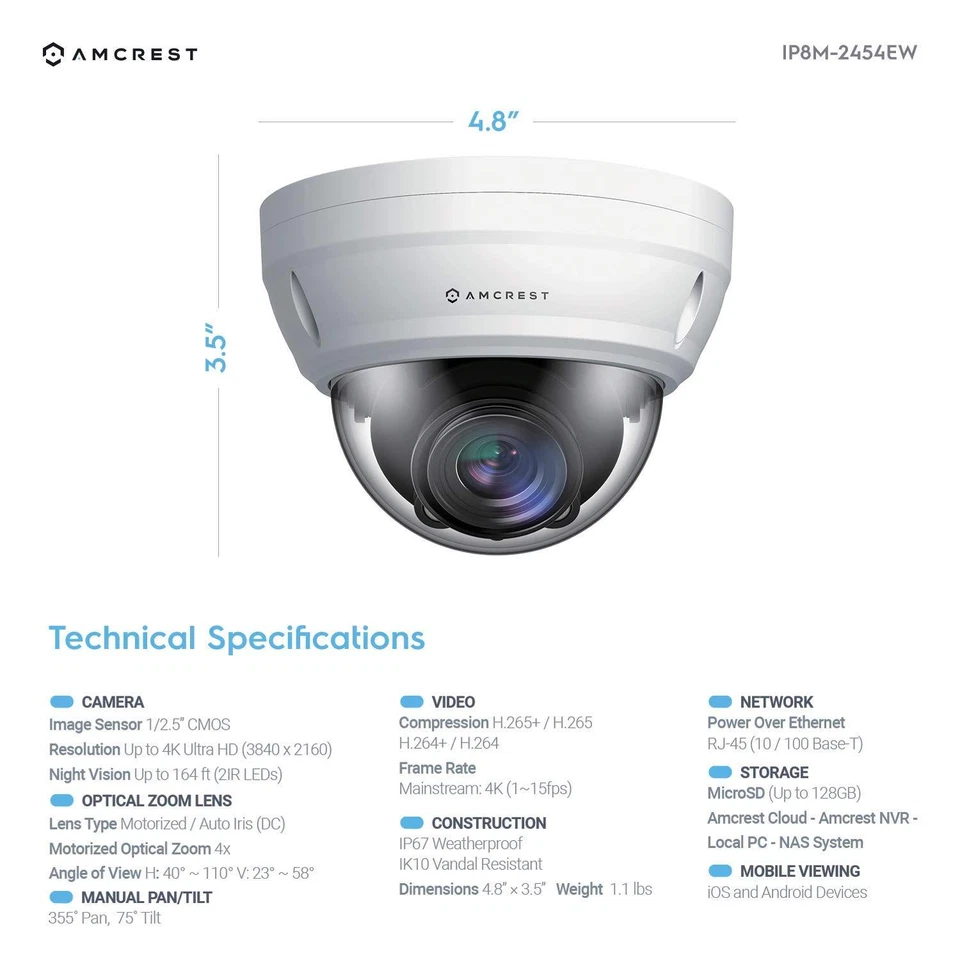 Cámara IP de seguridad exterior domo PoE varifocal Amcrest UltraHD 8M 4K renovada Foto 3 de 4