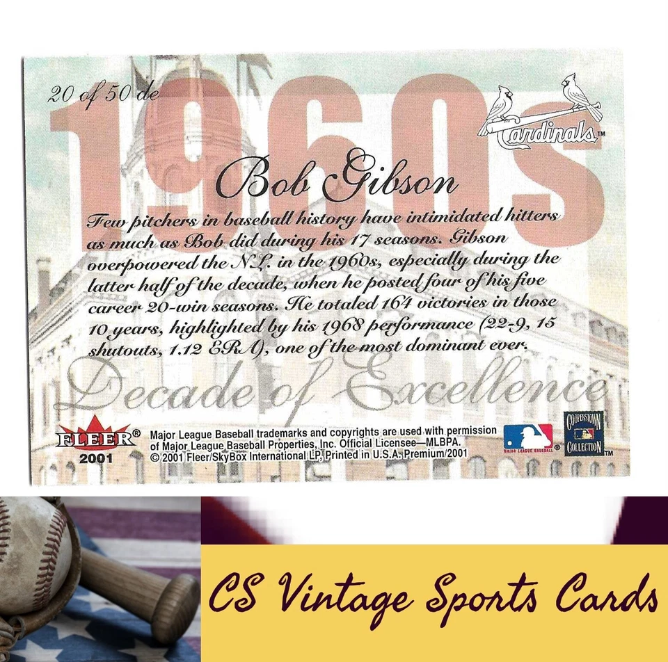 2001 Fleer Premium #20  Bob Gibson Decades of Excellence - Image 2 of 2