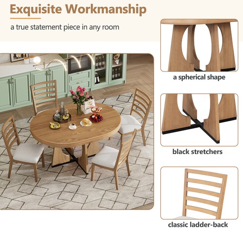 5pc Round Extendable Dining Retro with Chairs Set, 16" Removable Leaf, Natural - Picture 7 of 23