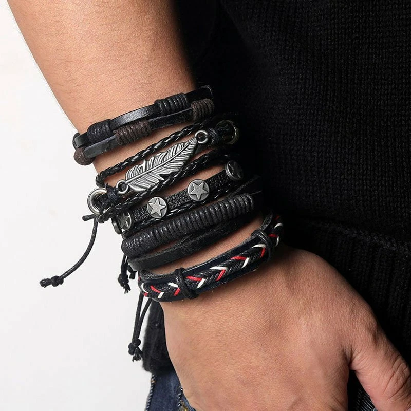 6pcs Multi-layer Punk Wrap Braided Wristband Leather Bracelets Cuff Bangle  Men