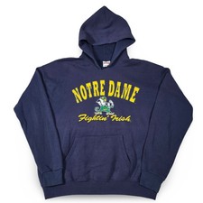 VTG 90s Nutmeg Mills Notre Dame Fighting Irish Hoodie Large Navy Blue Made USA