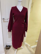 Pour Moi Elle Knit Midi Wrap Dress with Puff Sleeves Burgundy, Size 10 RRP £59