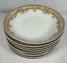 PL Limoges Berry Bowls Yellow Rim Pink Roses Set Of 8 - Lot A