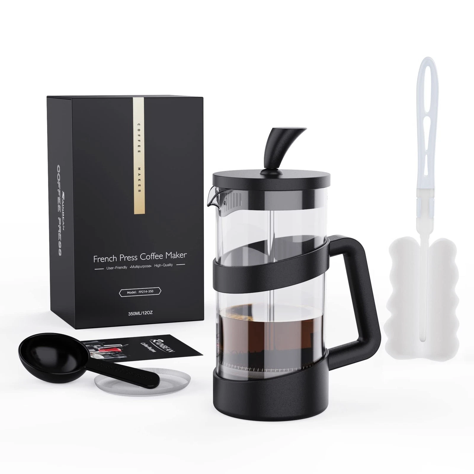 RAINBEAN Mini French Press Coffee Maker, 12 oz, Camping 355 ml, Black