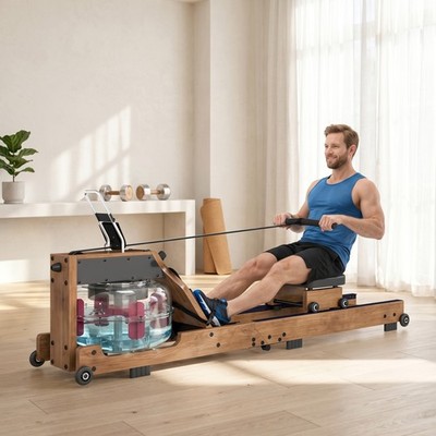 SPORTNOW Wasser Rudergerät für Zuhause Gummiholz Klappbar Holz mit Bluetooth