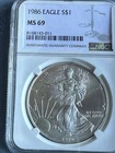 1986 MS69 NGC  American silver eagle .