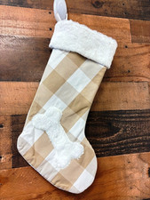 Christmas Stocking for Dog Puppy Pet Tan White Plaid Fuzzy Bone Shape NEW