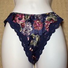 NWOT 90 s VTG Nu Sensations Navy Blue Floral Satin Lace Bikini Panties Sz M/6