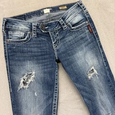 Silver Jeans Women's 27 Tuesday Boot Cut Distressed Whiskered Medium Wash Denim