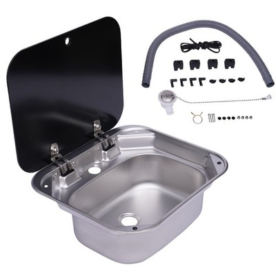 Foldable Stainless Steel RV Sink with Tempered Glass Cover for RV Marine Camping