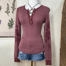 Vtg 90s Y2k Floral Tattoo Sleeve Henley Top Fairy Grunge Skater Indie Sleaze M L