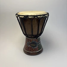 Jamaica Wooden Djembe Drum 8" Dot Painted Travel Souvenir Rope Handle Turtle