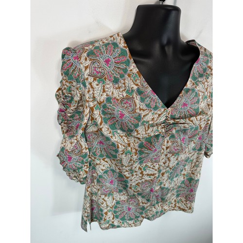 Verónica Barba Henrieta Floral Top Seda Elástico Talla 12 Media Manga Cuello en V Preppy - Imagen 10 de 15