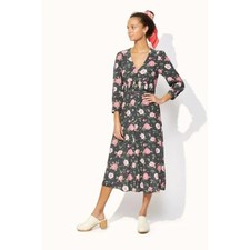 CATH KIDSTON Tea Rose Ruffle Midi Tea Dress Pink Navy Blue Sz 16 {MM37}