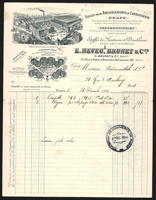 Rechnung Paris 1922, E. Neveu, Brunet & Cie., Tissus pour Ameublements & Carros 