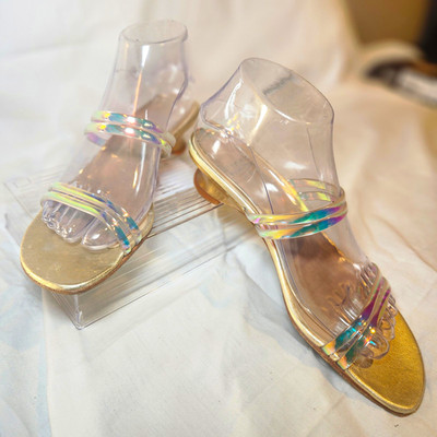 Stuart Weitzman Women s Gold Metallic Slide Sandals Clear Iridescent Straps US 8