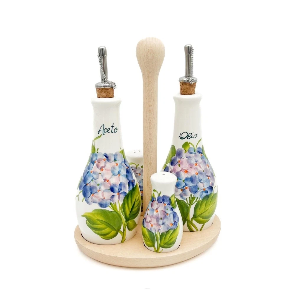 Bassano Ceramic Oil & Vinegar Set Spice Shakers 22 Cm Hydrangea Motifs New