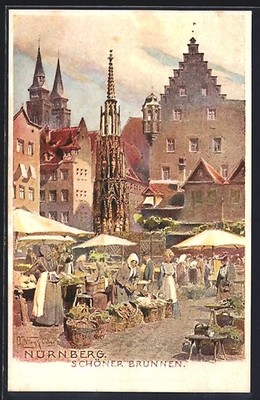 Ansichtskarte Nürnberg, Schöner Brunnen mit Markt 