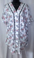Kathryn M White Pink Floral Cotton Jersey Lace Pearl Buttons Sleep Shirt Gown~Q2