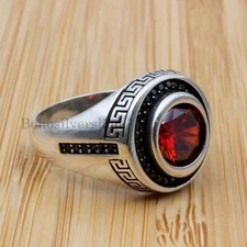 Signet Gemstone Rings 925 Sterling Silver Handmade Garnet Mens Jewelry #381