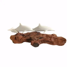 JOHN PERRY Dolphin Family Sculpture Two Dolphins and Baby Above a BURL WOOD Base