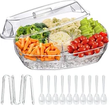 Tray, 15-inch Clear Platter with 4 Compartments, Lidded Ice Bowl, Cold Utensils