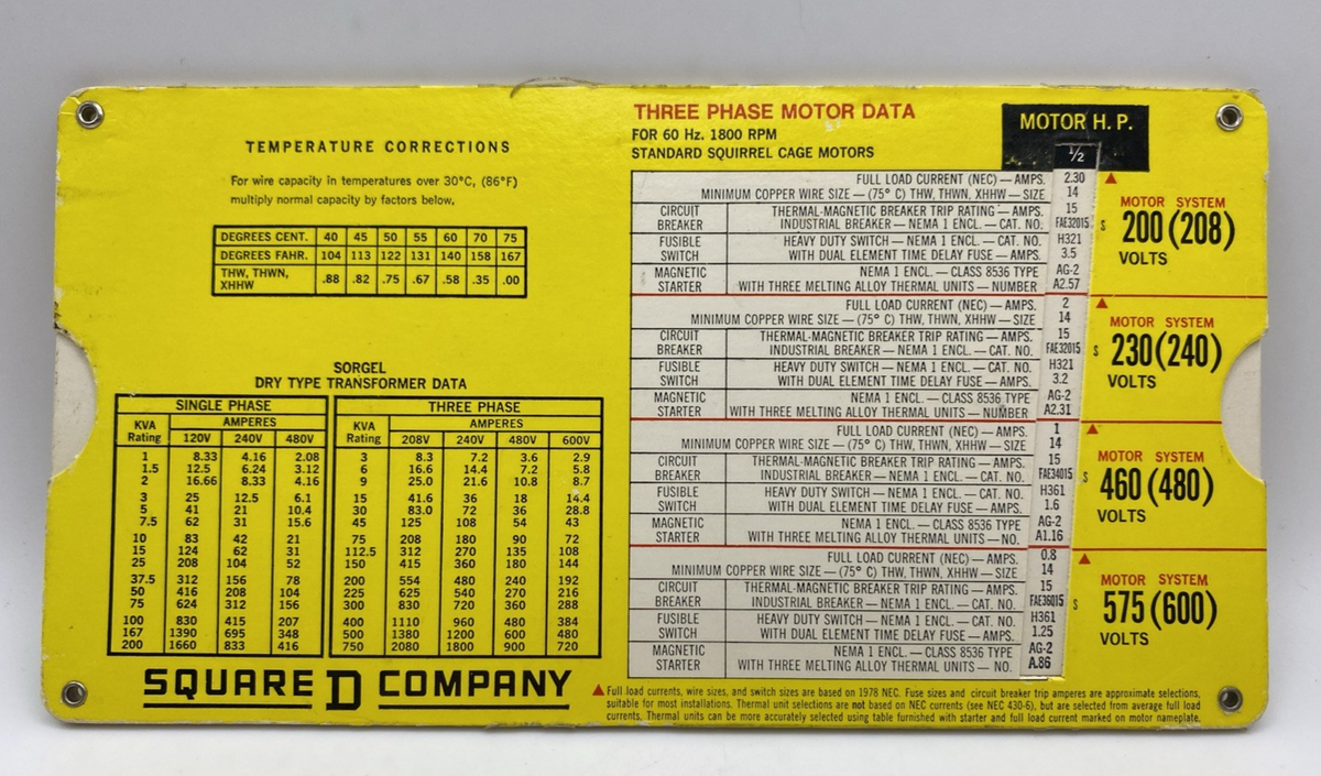 5.7/07×6 6.8/07×2 7/77×7 8/77×5 9/77×8 Square D Company Motor Data Calculator Slide Rule 1978 3 Phase 60