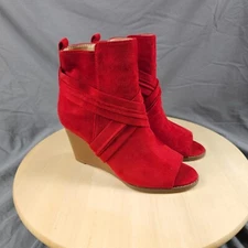 Time And Tru Red Peep Toe Wedge Boots Womens 6 Faux Suede Zip Side Heeled Bootie