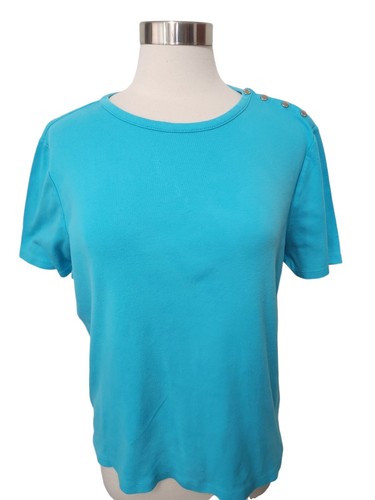 Top tejido Chaps para mujer 2X azul manga corta cuello barco botones detalles pulóver