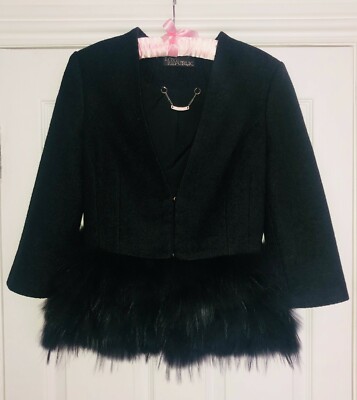 Black Wool Jacket with Fur Trim S fully lined 3/4 sleeve