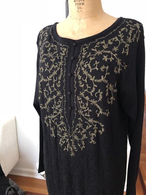 Metallic Gold Embroidered Black Acrylic Wool Knit CAROLE LITTLE Sweater Dress L