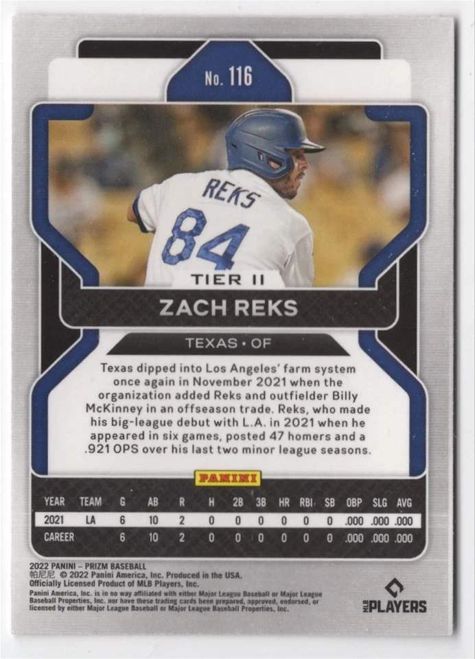 2022 PANINI PRIZM ROOKIE Zach Reks Rookie Texas Rangers #116 R31 - Image 2 of 2