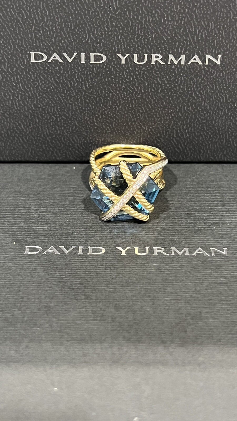 NWT DAVID YURMAN Cable Wrap Ring in Blue Topaz 18k Gold & Diamonds Size 6.5