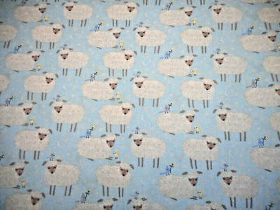 Nursery Fabric By The Yard White Sheep on Lt Blue Baby Benartex Premium Cotton 