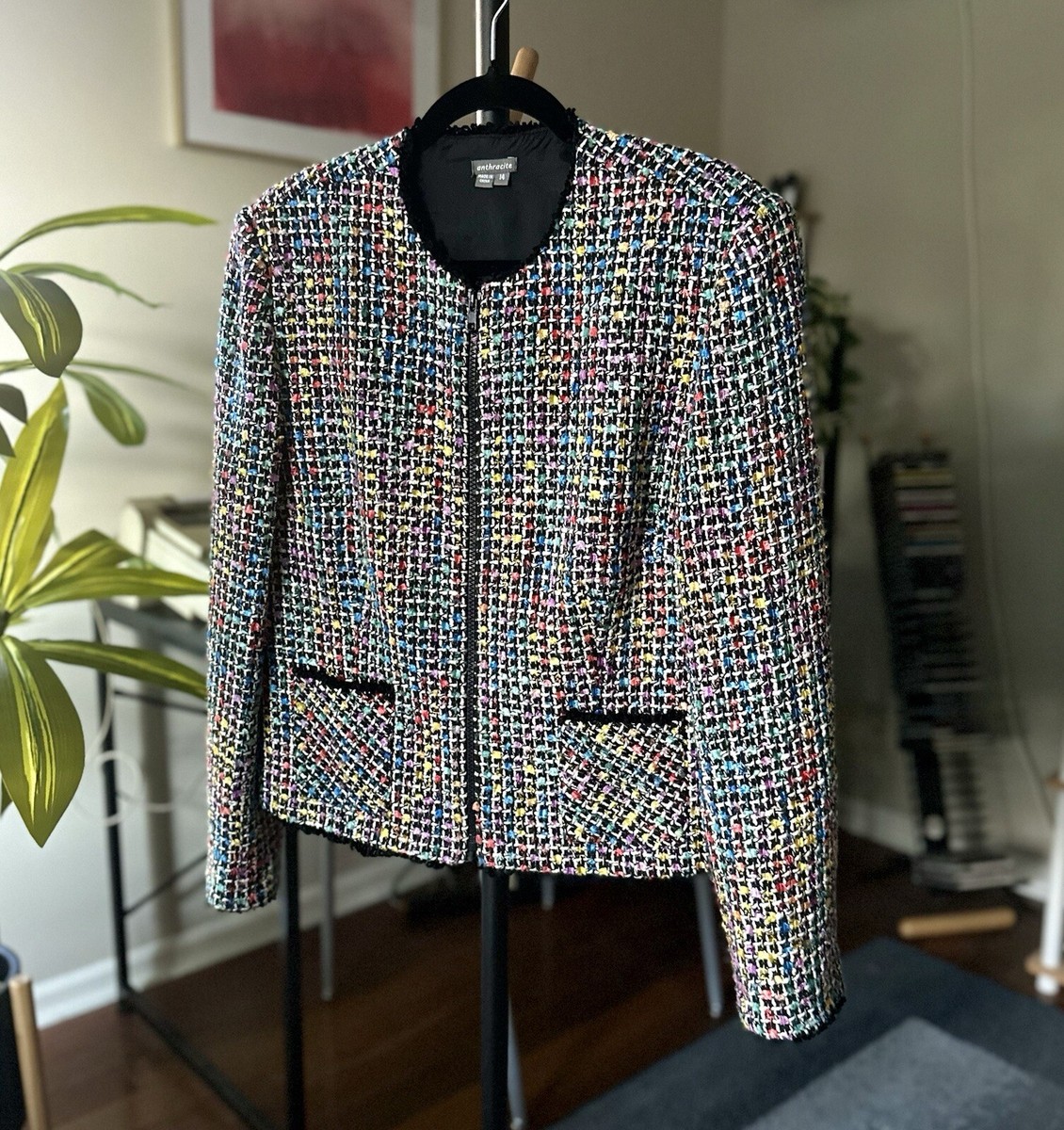 ジャケット・アウター block pattern tweed jacket Vintage Anthracite Multicolored Tweed Jacket Black Trim