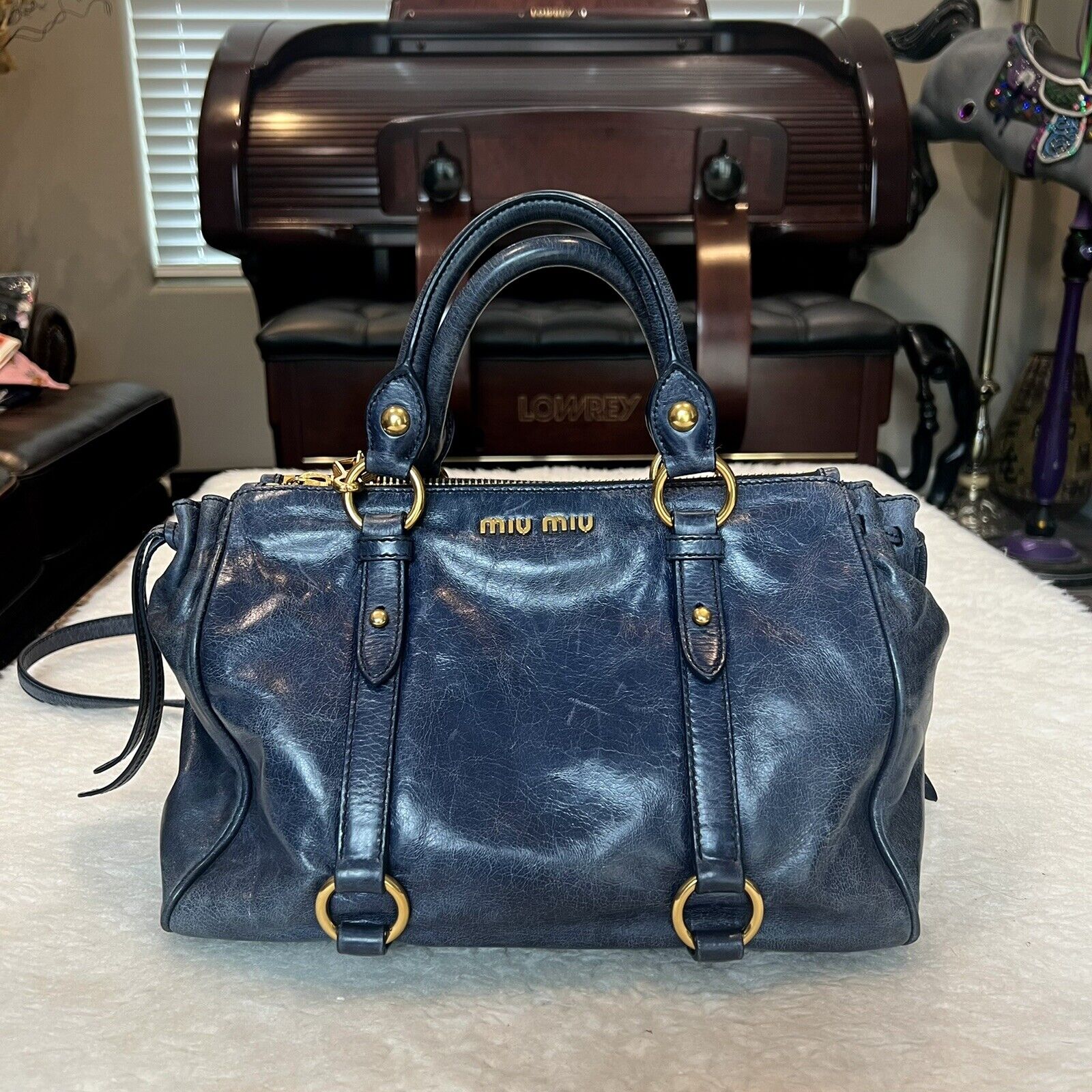 Miu Miu Blue Genuine Leather 2 Way w/ Crossbody Strap Hand bag