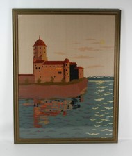 Needlepoint Mid Century Modern Boho Seaside Castle Framed Realism Needlepoint