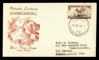 DR WHO 1956 NEW ZEALAND FDC SOUTHLAND CENTENARY EXPO 3 ARROWS CACHET R72074