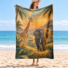 Giraffe Elephant Tropical Sunset Landscape Coral Fleece Blanket