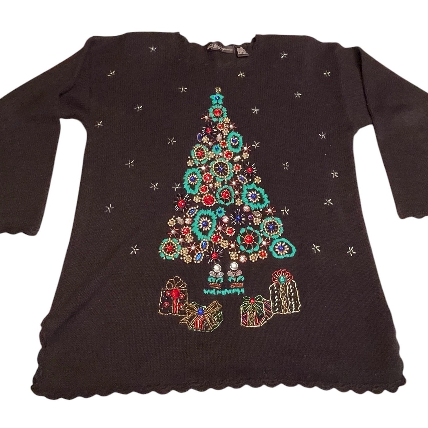 Work in Progress Ugly Christmas Sweater Womens Embellished Tree Beads Medium Vtg